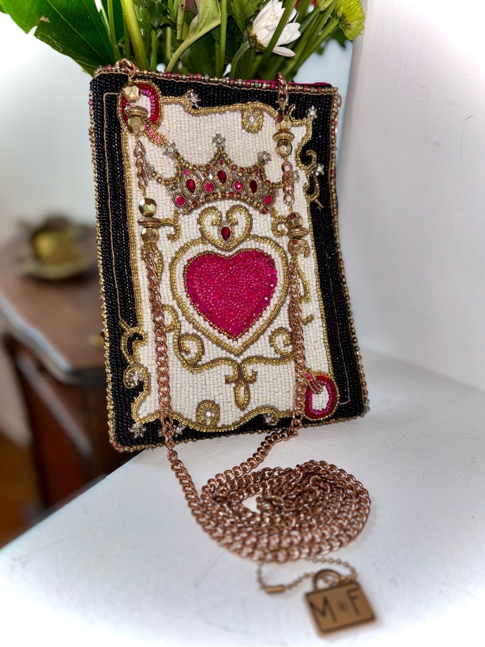 Mary Frances Queen of Hearts Beaded Crossbody Bag Novelty Art Purse